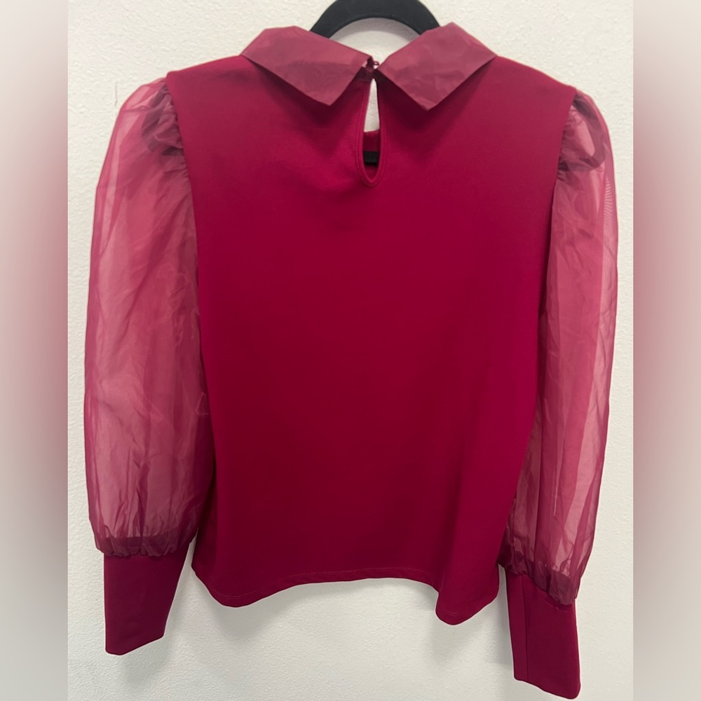 Marc New York - Deep Red Blouse with Jewel Collar - Sheer Sleeves - Size L - Picture 4 of 4